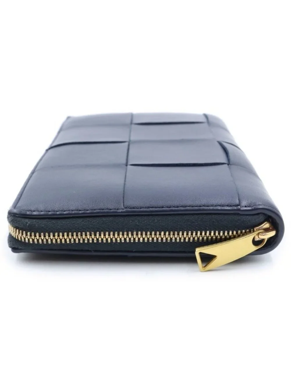 Bottega Veneta Maxi Intrecciato Round Zip Wallet Card Case Navy Leather Gold